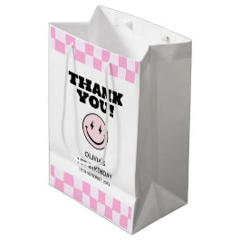 ワンハッピーバーベピンク市松模様に誕生日 ミディアムペーパーバッグ