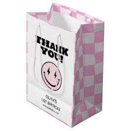 ワンハッピーバーベピンク市松模様に誕生日 ミディアムペーパーバッグ