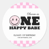 ワンハッピーバーベピンク市松模様に誕生日 ラウンドシール (正面)
