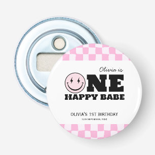 ワンハッピーバーベピンク市松模様に誕生日 栓抜き