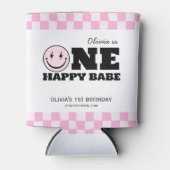 ワンハッピーバーベピンク市松模様に誕生日 缶クーラー (正面)