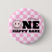ワンハッピーバーベピンク市松模様に誕生日 缶バッジ (正面)