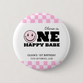 ワンハッピーバーベピンク市松模様に誕生日 缶バッジ (正面)