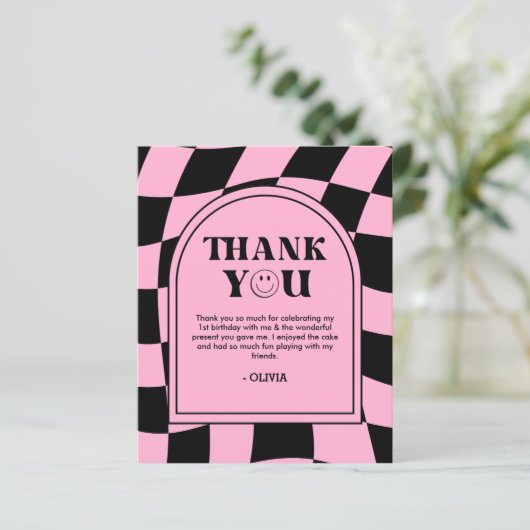 ワンハッピーバーベピンク1歳の誕生日サンキューカード (スタンド正面)