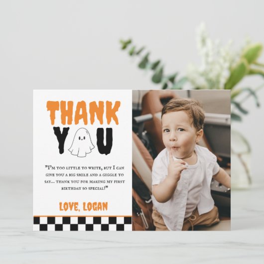 ワンハッピーブーレトロボーイ1st誕生日パーティー写真 サンキューカード (スタンド正面)