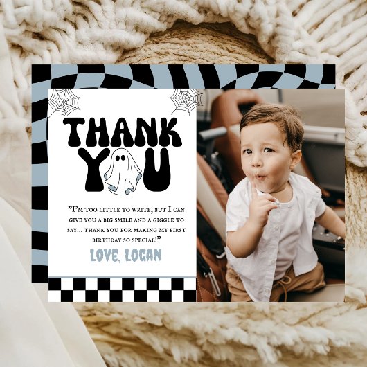 ワンハッピーブーレトロボーイ1st誕生日パーティー写真 サンキューカード