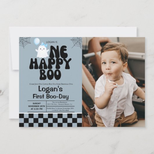 ワンハッピーブー秋ボーイ1st誕生日パーティー写真 招待状 (正面)