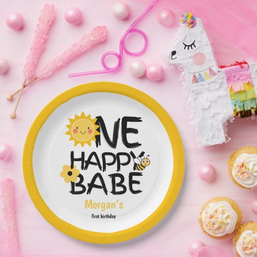 ワンハッピーベビーイエローサニービーガールズ1st誕生日 ペーパープレート (パーティー)