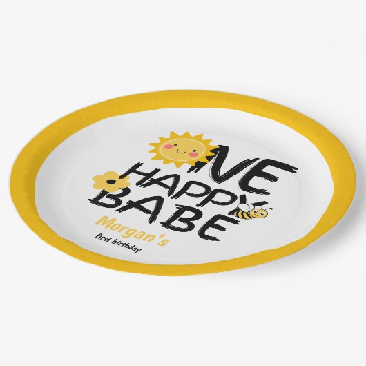 ワンハッピーベビーイエローサニービーガールズ1st誕生日 ペーパープレート (アングル)