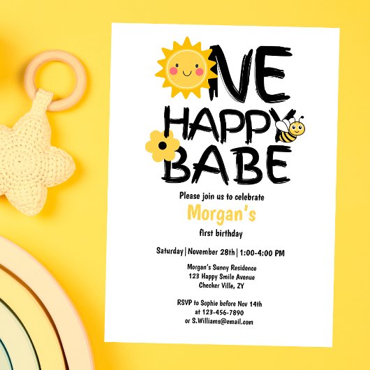 ワンハッピーベビーイエローサニービーガールズ1st誕生日 招待状
