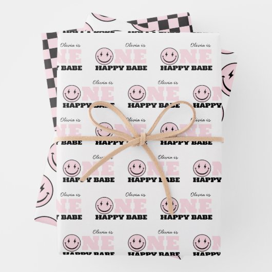 ワンハッピーベビーガールズピンクファースト誕生日 ラッピングペーパーシート (インサイチュ)