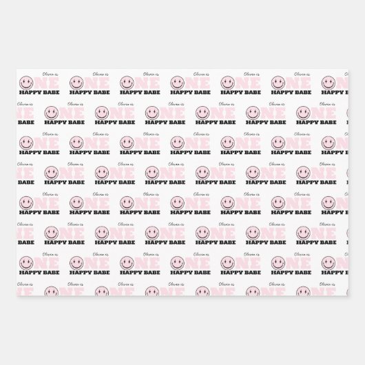 ワンハッピーベビーガールズピンクファースト誕生日 ラッピングペーパーシート (正面)