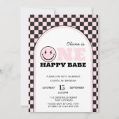 ワンハッピーベビーガールズピンクファースト誕生日 招待状 (正面)