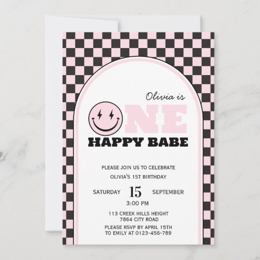 ワンハッピーベビーガールズピンクファースト誕生日 招待状 (正面)
