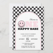 ワンハッピーベビーガールズピンクファースト誕生日 招待状 (正面)