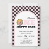 ワンハッピーベビーガールズピンクフォト誕生日 招待状 (正面)