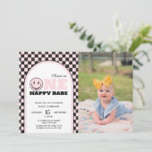 ワンハッピーベビーガールズピンクフォト誕生日 招待状 (スタンド正面)