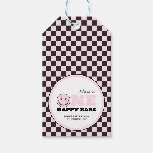 ワンハッピーベビーガールズピンク1歳の誕生日 ギフトタグ (正面)