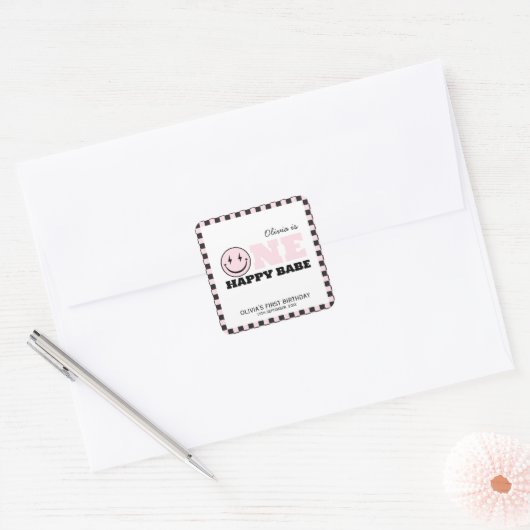 ワンハッピーベビーガールズピンク1歳の誕生日 スクエアシール (封筒)