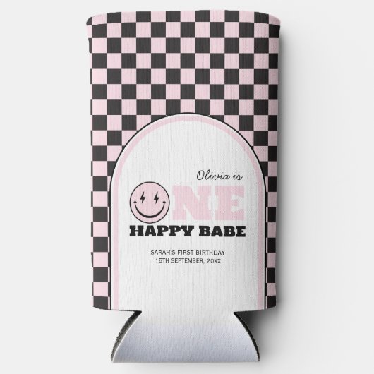 ワンハッピーベビーガールズピンク1歳の誕生日 スリム缶クーラー (正面)