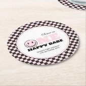 ワンハッピーベビーガールズピンク1歳の誕生日 ラウンドペーパーコースター (アングル)