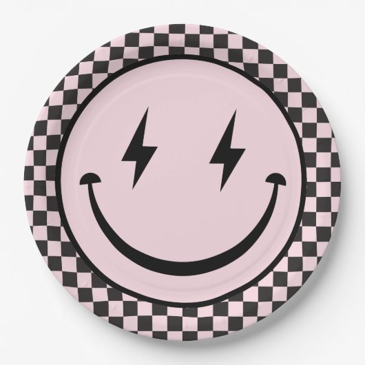 ワンハッピーベピンクハッピーバースデー顔1st誕生日 ペーパープレート (正面)