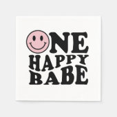 ワンハッピーベピンクレトロハッピースマイル誕生日 スタンダードカクテルナプキン (正面)