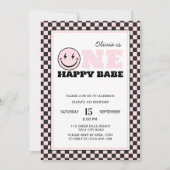 ワンハッピーベレトロガールファースト誕生日 招待状 (正面)