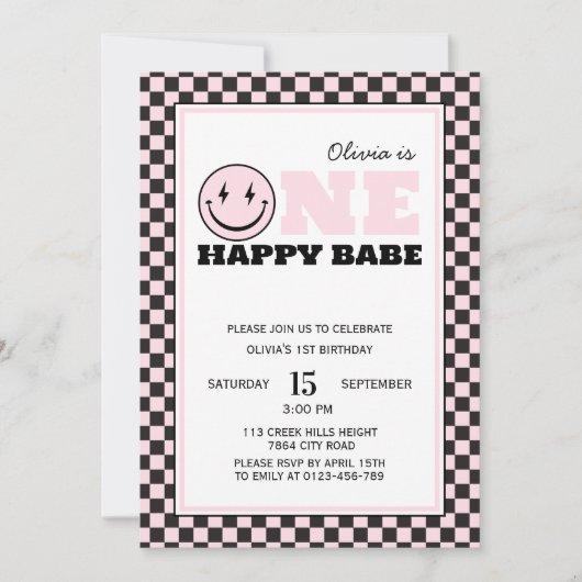 ワンハッピーベレトロガールファースト誕生日 招待状 (正面)