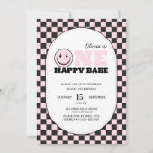 ワンハッピーベー市松模様にガールファースト誕生日 招待状 (正面)