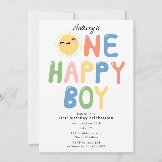 ワンハッピーボーイ誕生日招待状1stバースデーサン 招待状 (正面)
