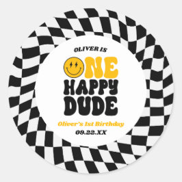 ワンハッピー・デュード レトロ ファースト 1歳の誕生日パーティー ラウンドシール