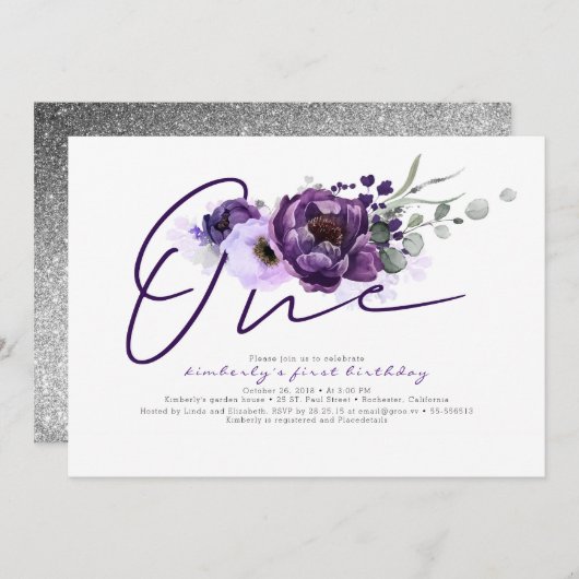 ワンパープルフラワーズ1st誕生日パーティの招待状 招待状 (正面/裏面)