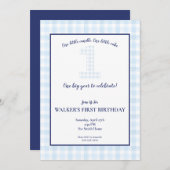 ワンビッグイヤー – クラシック誕生日ブルーギンガム 招待状 (正面/裏面)