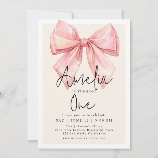 ワンピンクボウコケットファースト誕生日 招待状 (正面)