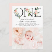 ワンピーチ花模様ファースト誕生日フォト招待状 招待状 (正面/裏面)