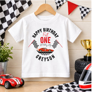 ワンファストレーシングカーボーイ 1歳の誕生日パーティー ベビーTシャツ