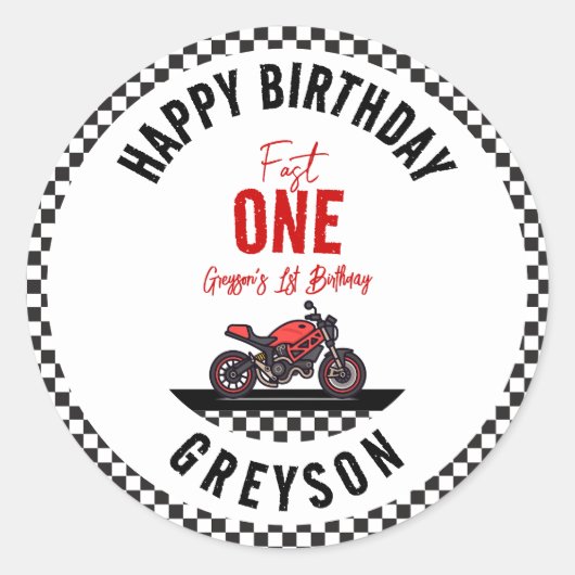 ワンファストレース モーターサイクル 男の子 1歳 誕生日パーティー ラウンドシール (正面)