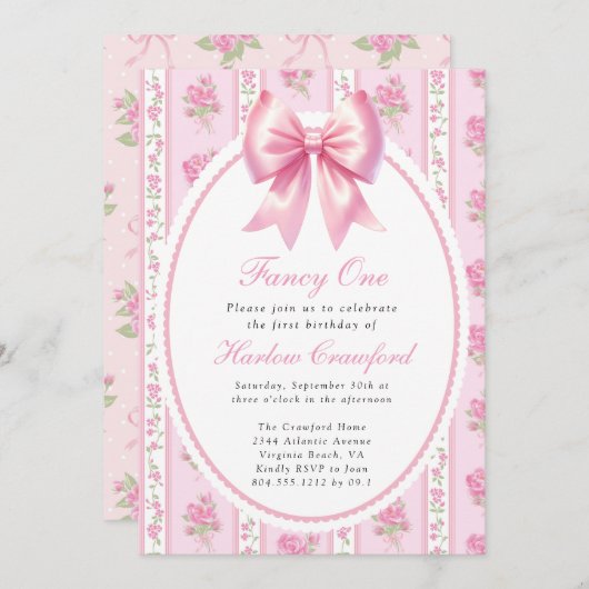 ワンファンシーピンクコケットボウバースデーパーティー 招待状 (正面/裏面)