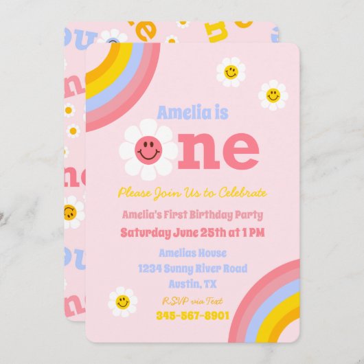 ワンファースト誕生日スマイルデイジーキュートパステルガールズ 招待状 (正面/裏面)