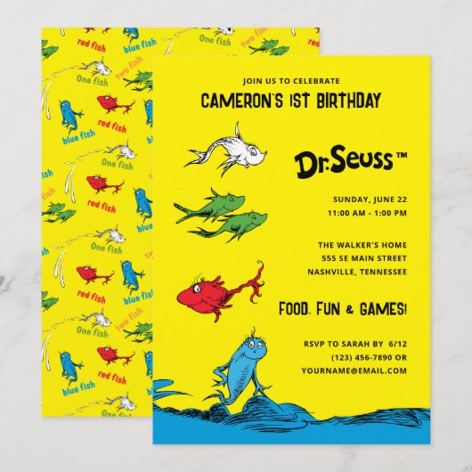 ワンフィシュ・トゥーフィシュ - お子様の誕生日 招待状 (正面/裏面)