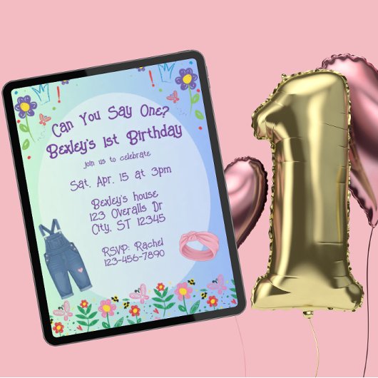 ワンフェス、オーバーオールとイラストの1歳の誕生日 招待状