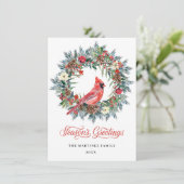 ワンフォトパインホリークリスマスリース赤(鳥)ショウジョウコウカンチョウ シーズンカード (スタンド正面)