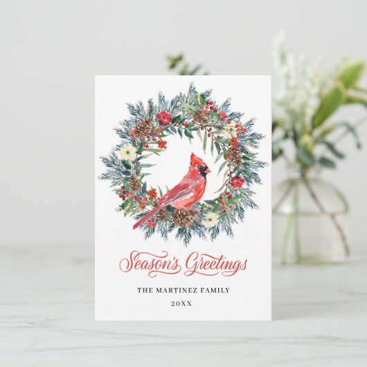 ワンフォトパインホリークリスマスリース赤(鳥)ショウジョウコウカンチョウ シーズンカード (スタンド正面)