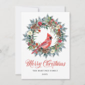 ワンフォトパインホリークリスマスリース赤(鳥)ショウジョウコウカンチョウ シーズンカード (正面)