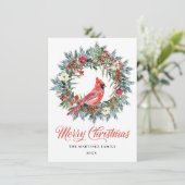 ワンフォトパインホリークリスマスリース赤(鳥)ショウジョウコウカンチョウ シーズンカード (スタンド正面)