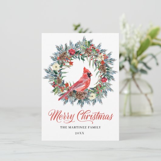 ワンフォトパインホリークリスマスリース赤(鳥)ショウジョウコウカンチョウ シーズンカード (スタンド正面)