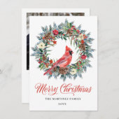 ワンフォトパインホリークリスマスリース赤(鳥)ショウジョウコウカンチョウ シーズンカード (正面/裏面)