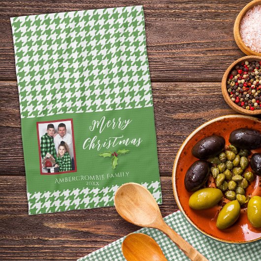 ワンフォトホリデーグリーンと白千鳥格子の キッチンタオル