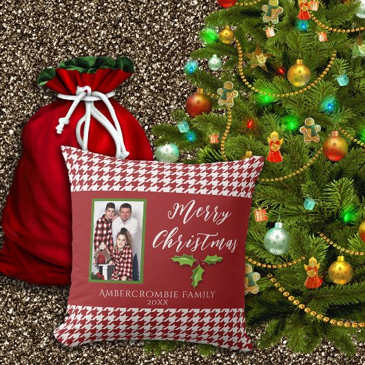 ワンフォトホリデー赤と白千鳥格子の クッション